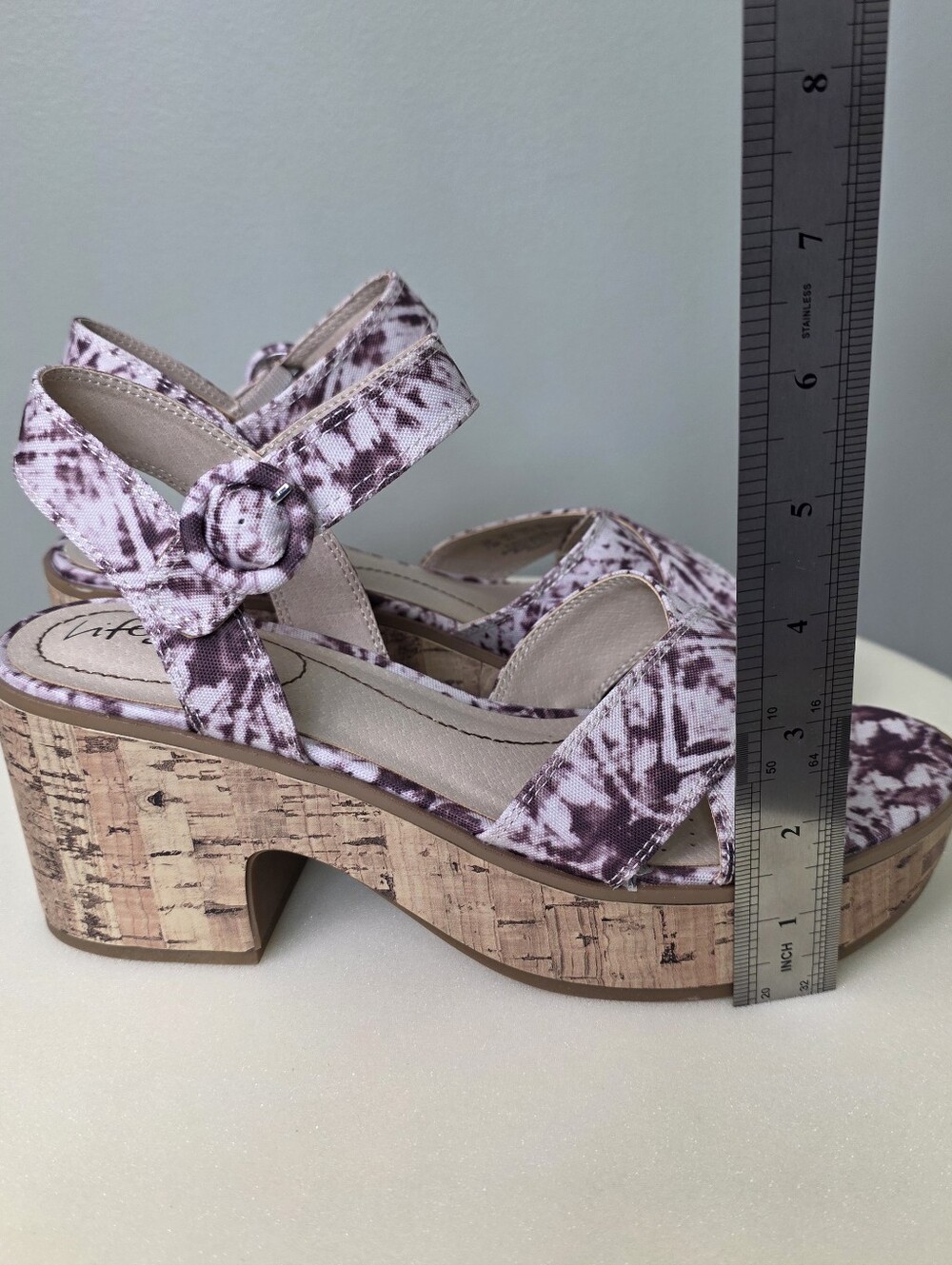 LifeStride Neutral Platform Sandals Cork Block Heel Purple Shibori 7.5M NEW!! - Picture 11 of 15